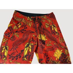 Vintage Quicksilver Hawaiian Red Boardshorts Swim Shorts Size M Surf Aloha Beach